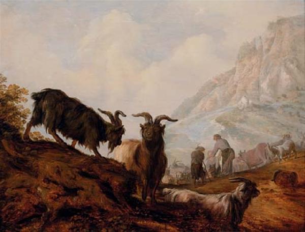 Jacobus Mancadan Peasants and goats in a mountainous landscape oil painting picture